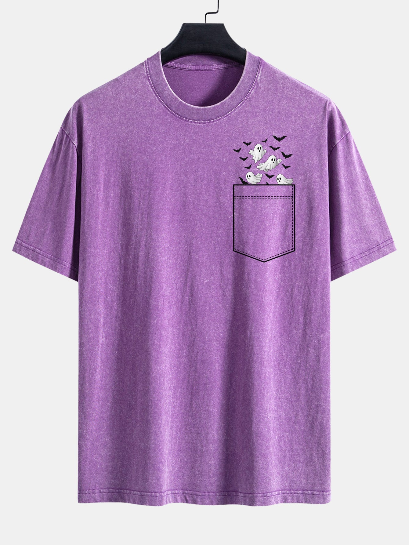 T-shirt à manches tombantes usé avec impression de fantôme chauve-souris de poche
