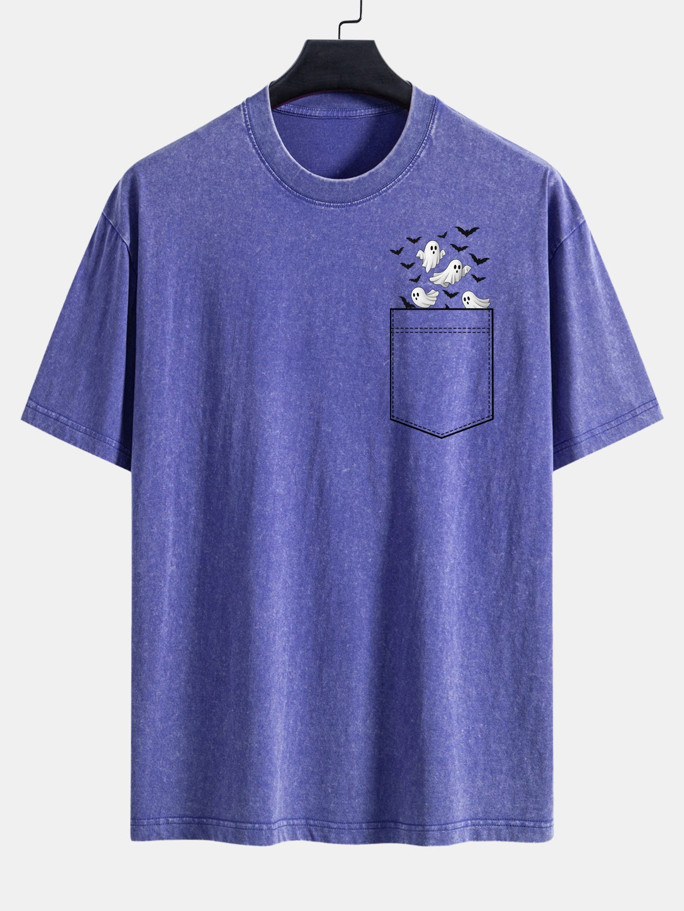T-shirt à manches tombantes usé avec impression de fantôme chauve-souris de poche