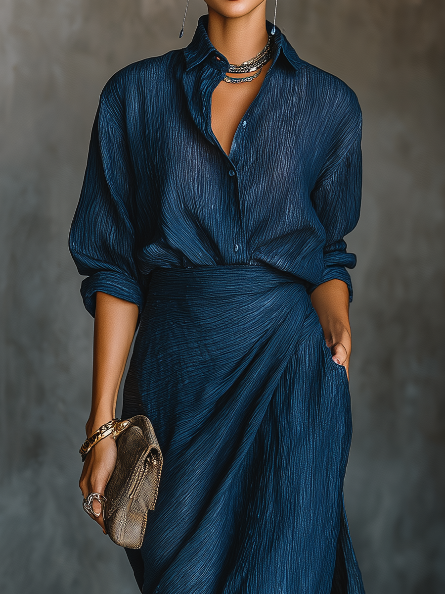 Ensemble Jupe Longue et Blouse Élégante en Coton et Lin Bleu Foncé
