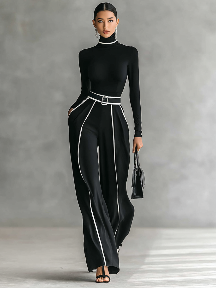 Ensemble femme deux pièces avec haut à col montant, manches longues, pantalon large et ceinture