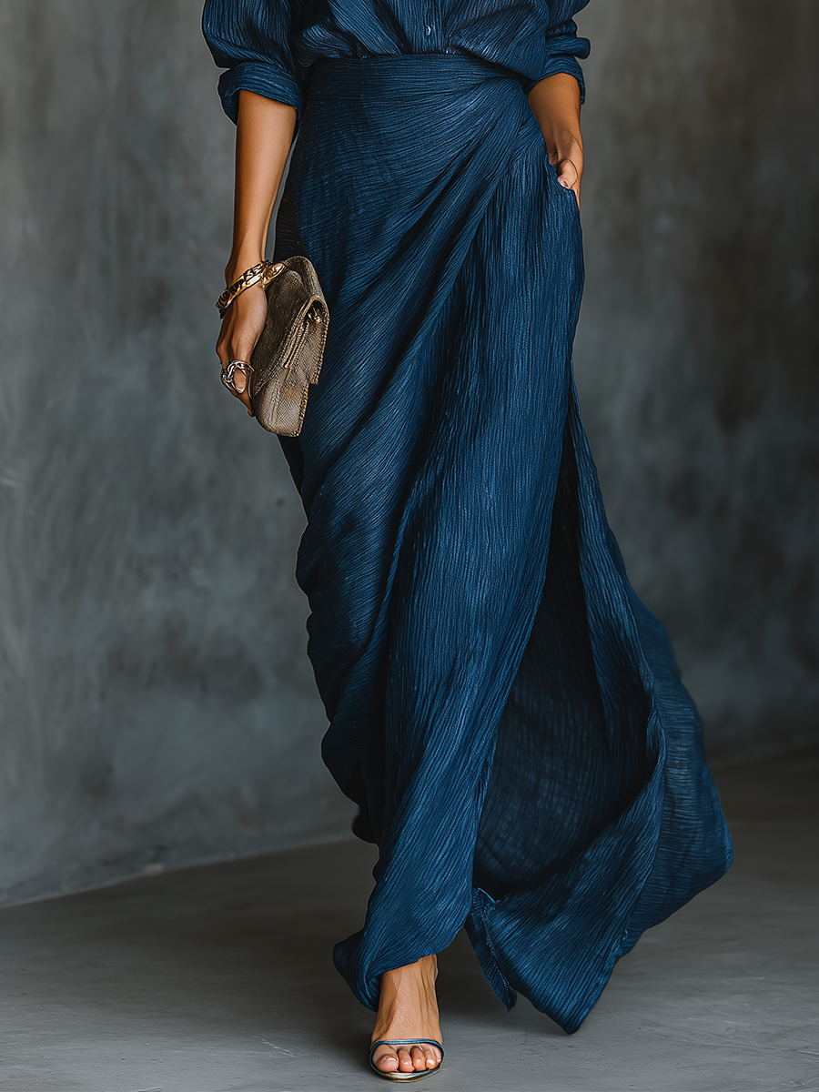 Ensemble Jupe Longue et Blouse Élégante en Coton et Lin Bleu Foncé