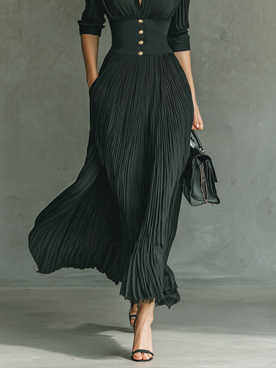 Robe Maxi Longue à Manches Longues et Col Revers avec Plis