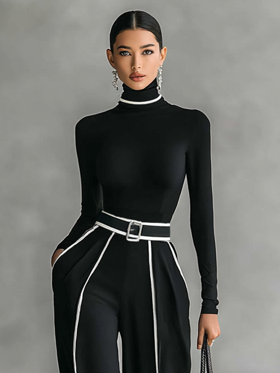 Ensemble femme deux pièces avec haut à col montant, manches longues, pantalon large et ceinture