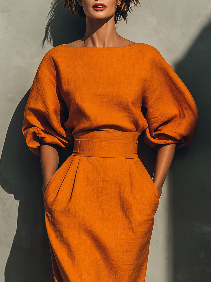 Jupe Midi Vibrante en Mélange de Coton-Lin Orange