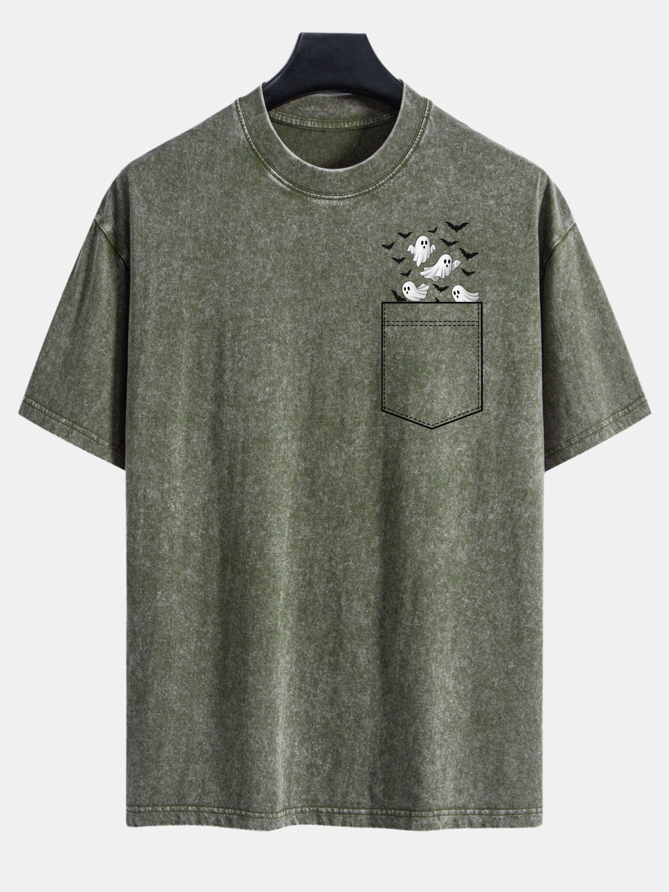 T-shirt à manches tombantes usé avec impression de fantôme chauve-souris de poche