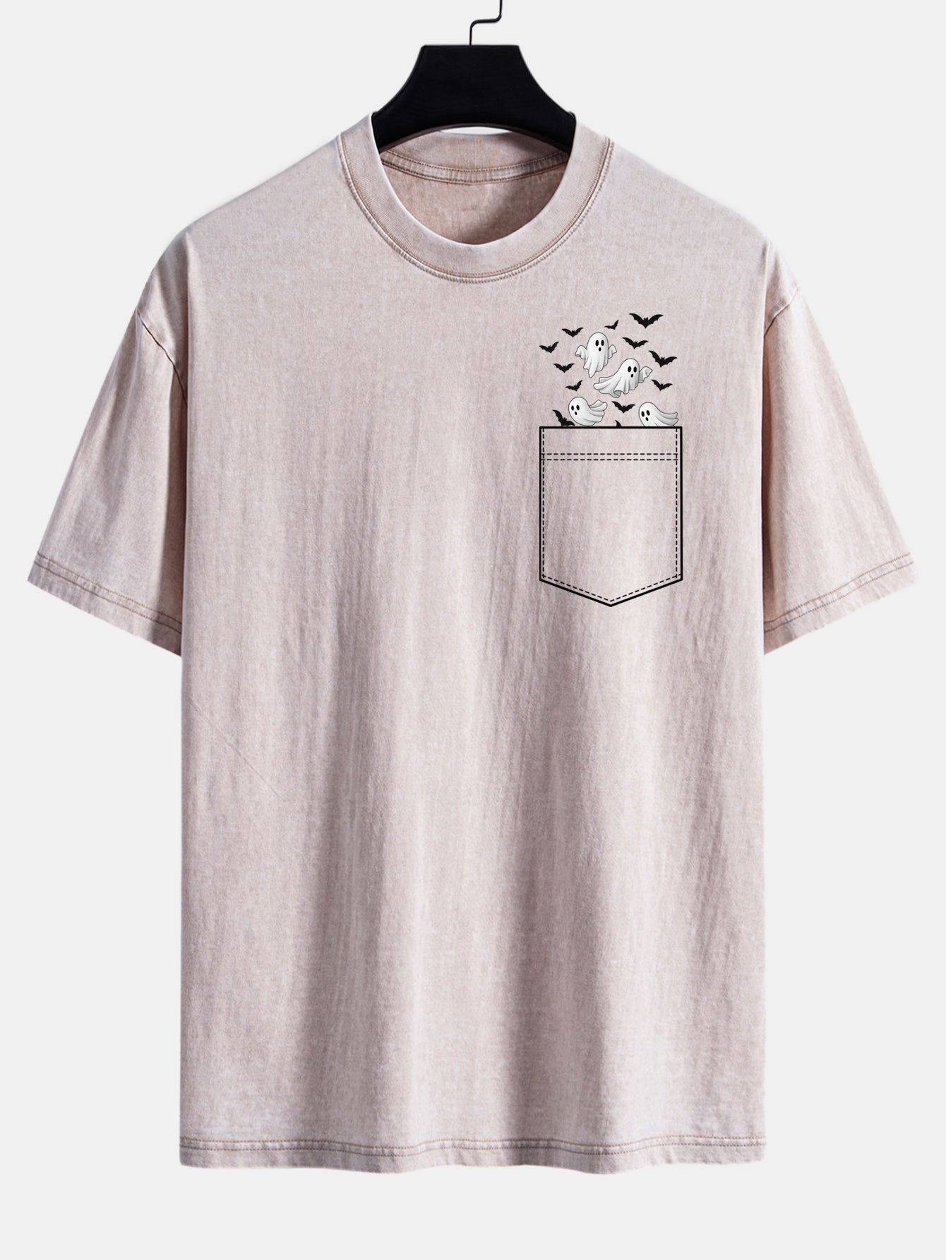 T-shirt à manches tombantes usé avec impression de fantôme chauve-souris de poche