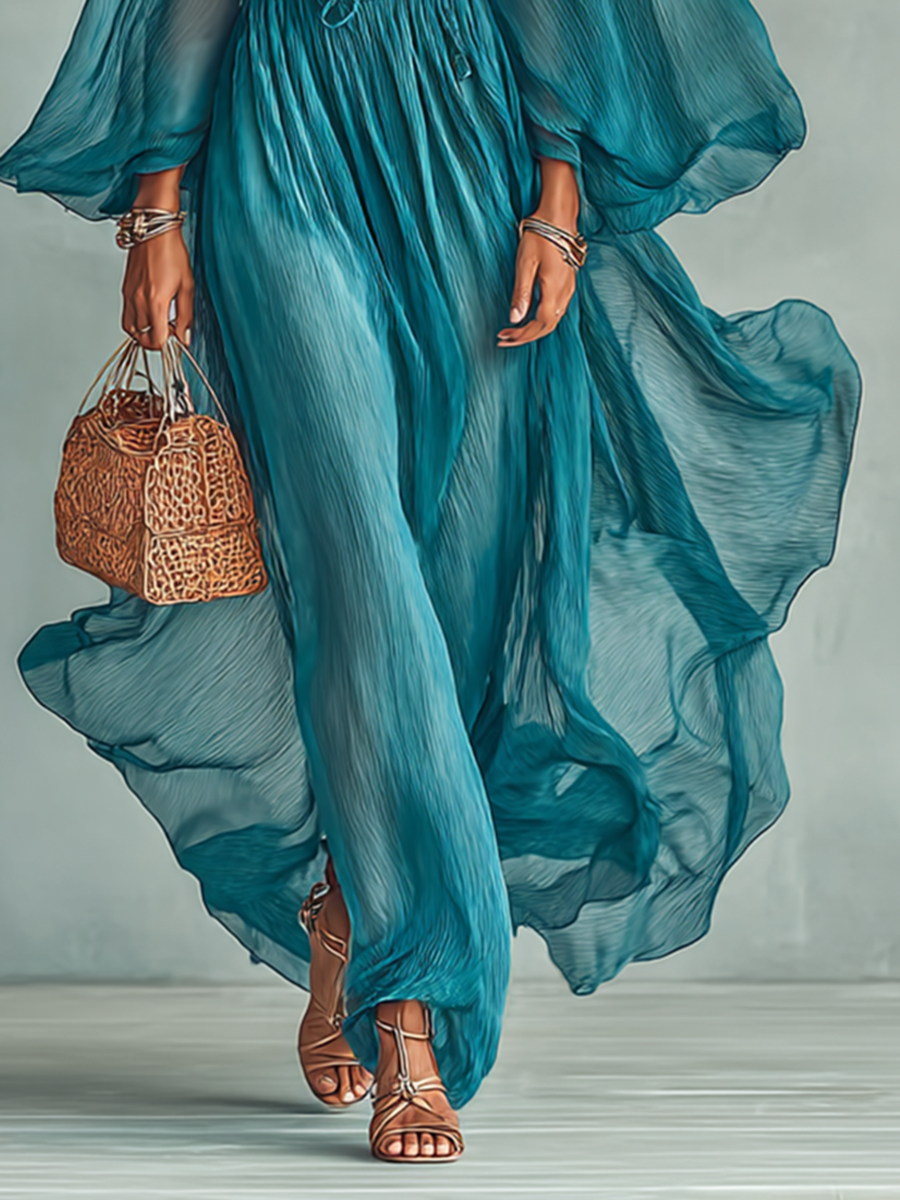 Robe Maxi en Chiffon avec Col Rond et Manches Longues pour Femmes, avec Taille Ajustable