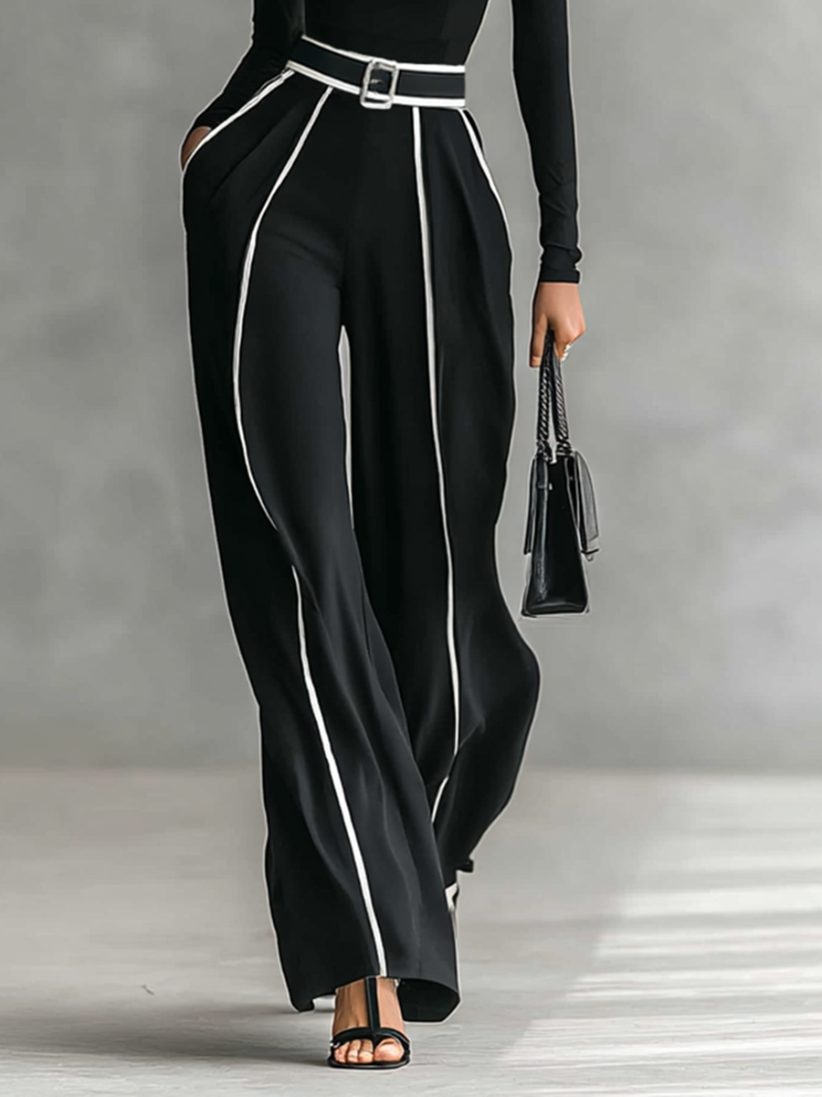 Ensemble femme deux pièces avec haut à col montant, manches longues, pantalon large et ceinture