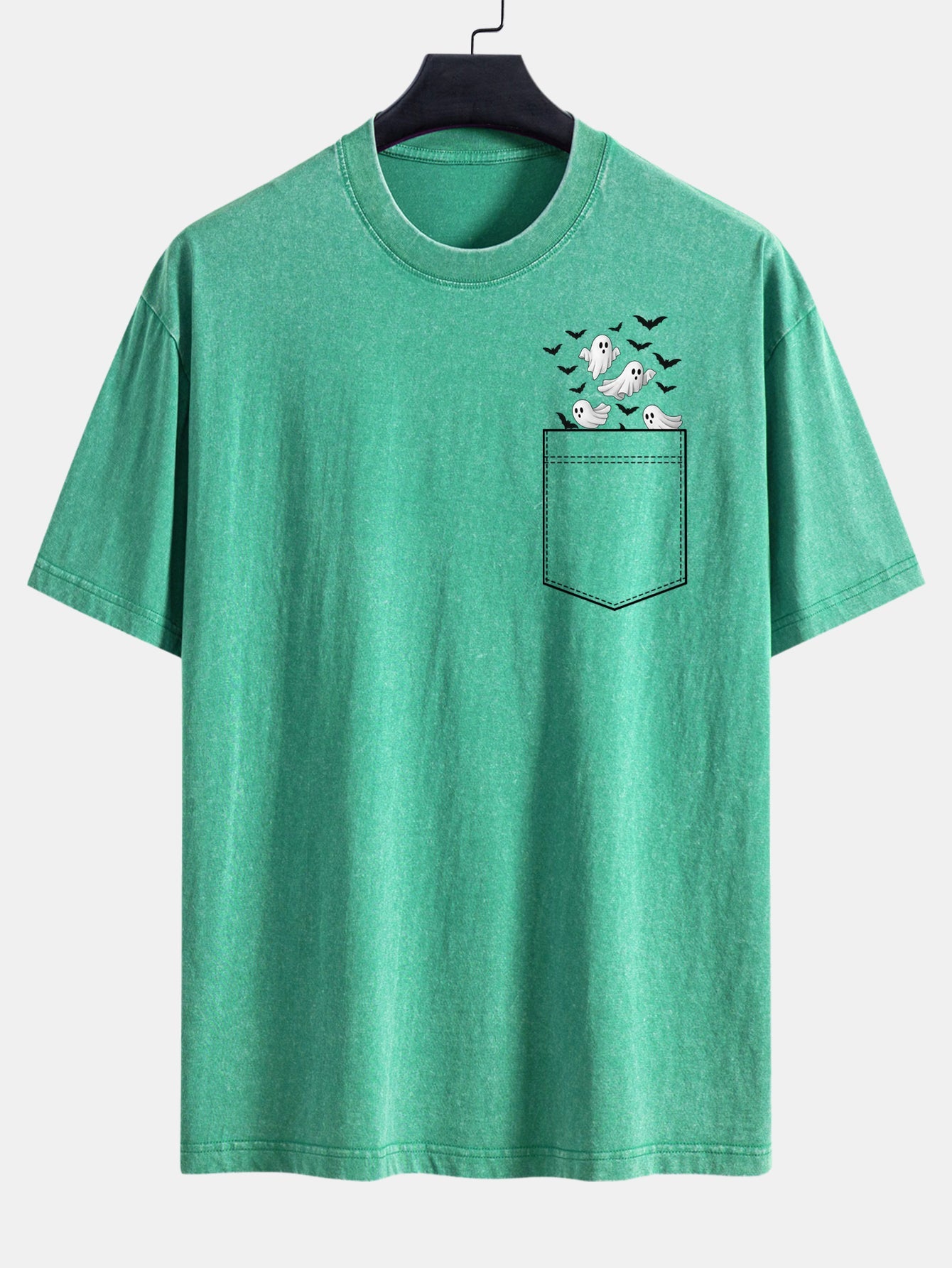 T-shirt à manches tombantes usé avec impression de fantôme chauve-souris de poche