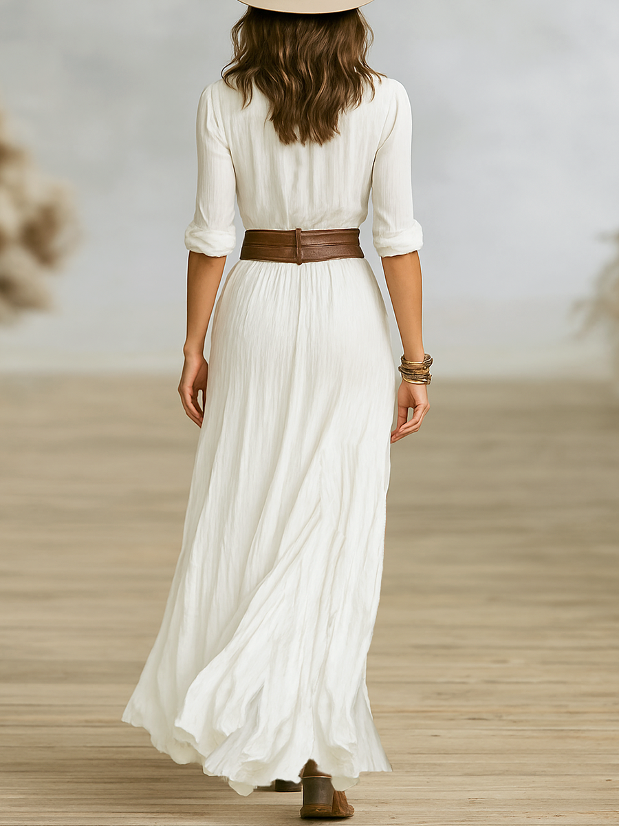 Robe Maxi Longue Femme en Coton et Lin Immitation avec Col Revers