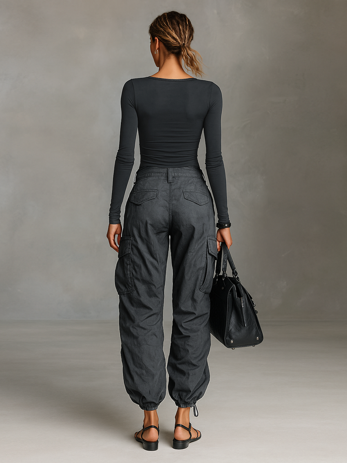 Ensemble de Deux Pièces T-Shirt à Manches Longues et Col Carré et Pantalon Cargo avec de Nombreuses Poches