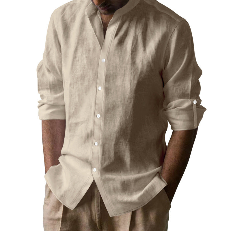 Chemise à col bandé en mélange de lin pour hommes à manches longues