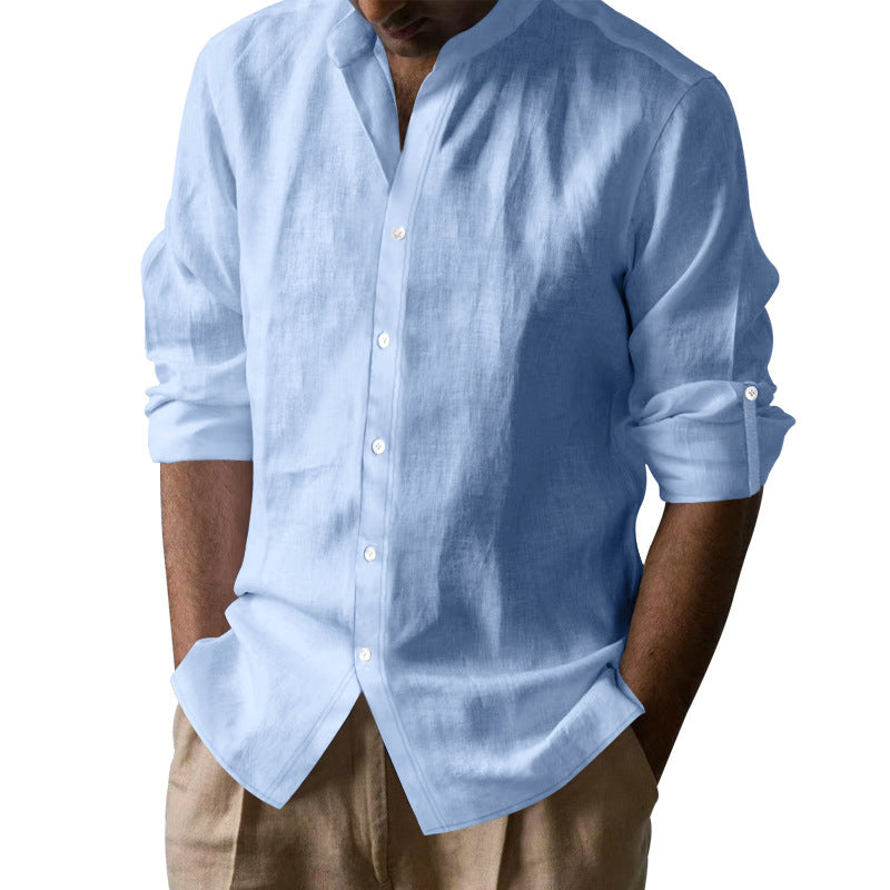 Chemise à col bandé en mélange de lin pour hommes à manches longues