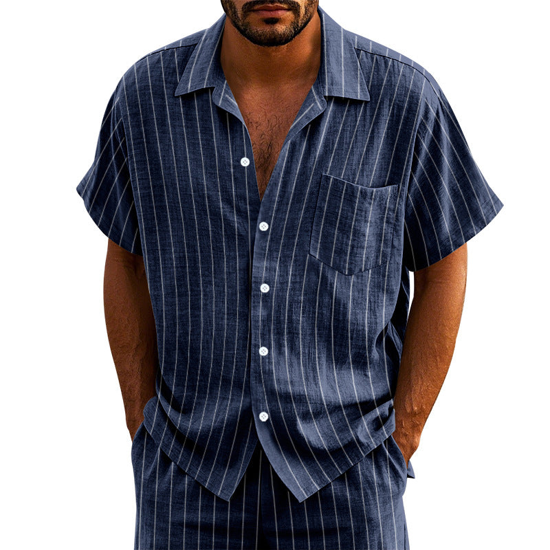 Chemise à Manches Courtes Rayée en Lin pour Hommes