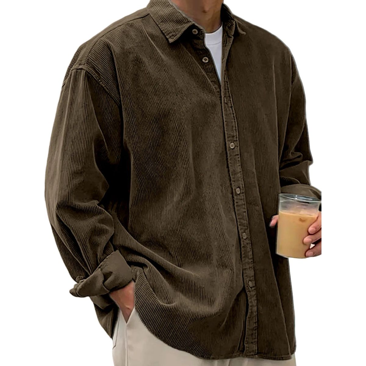Chemise plissée à boutons en velours côtelé doux pour hommes