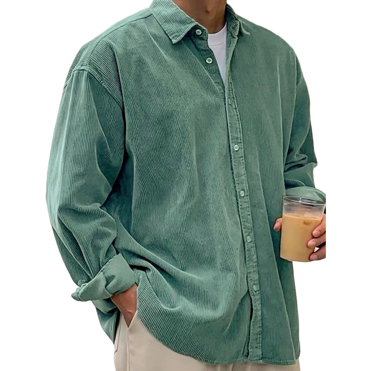 Chemise plissée à boutons en velours côtelé doux pour hommes