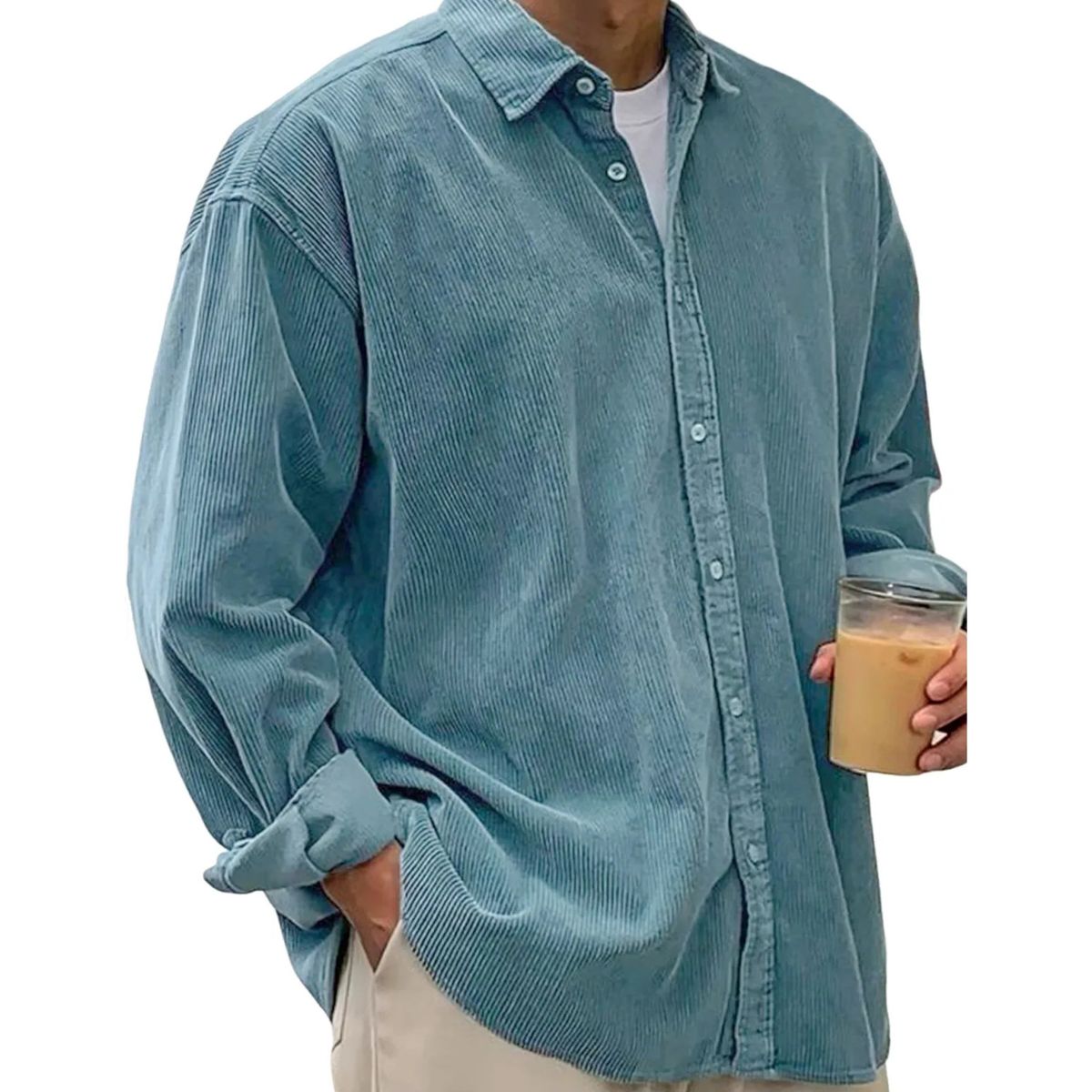 Chemise plissée à boutons en velours côtelé doux pour hommes