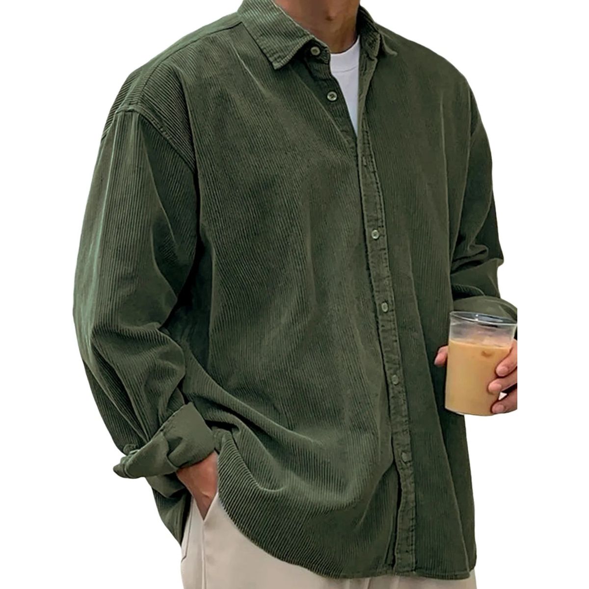 Chemise plissée à boutons en velours côtelé doux pour hommes