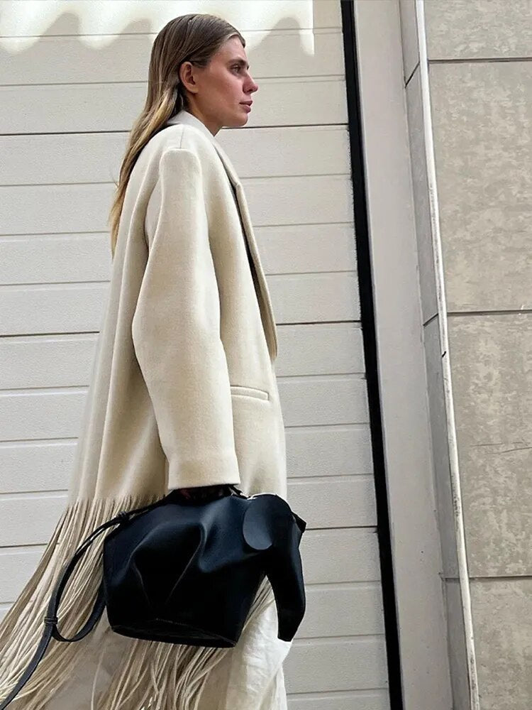 Manteau en Mélange de Laine avec Franges