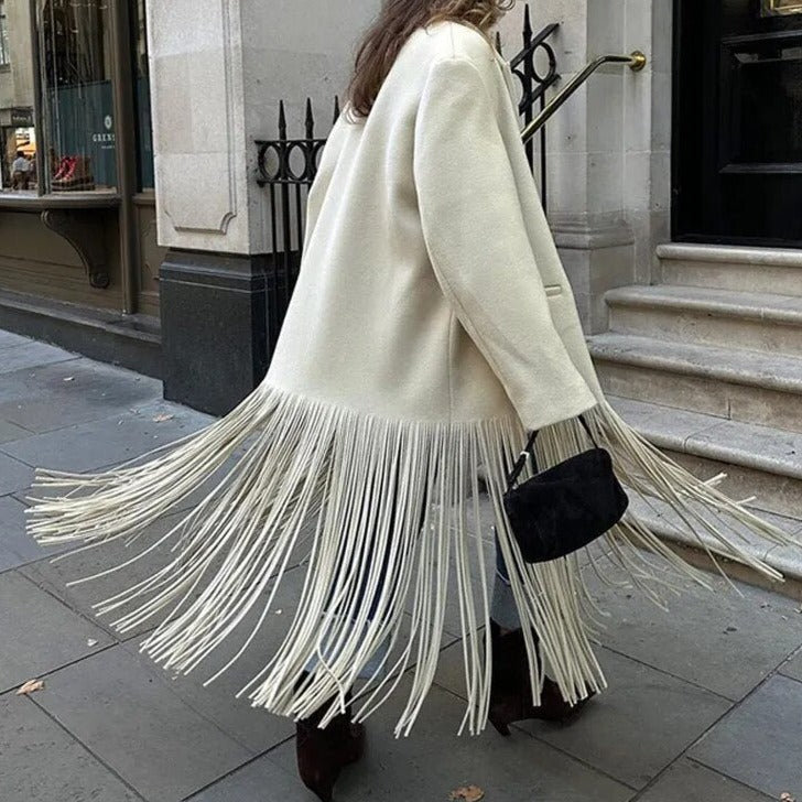 Manteau en Mélange de Laine avec Franges