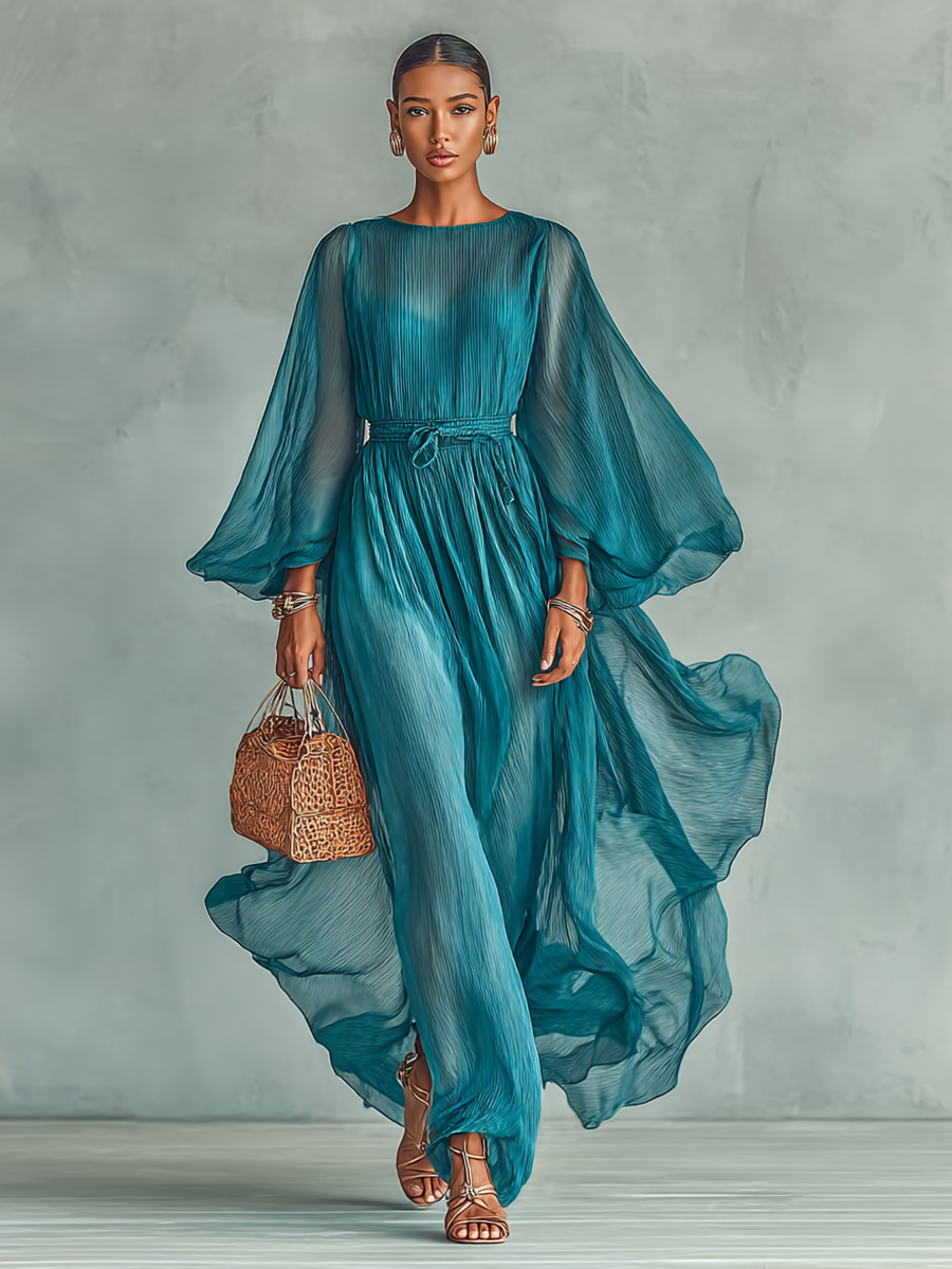 Robe Maxi en Chiffon avec Col Rond et Manches Longues pour Femmes, avec Taille Ajustable
