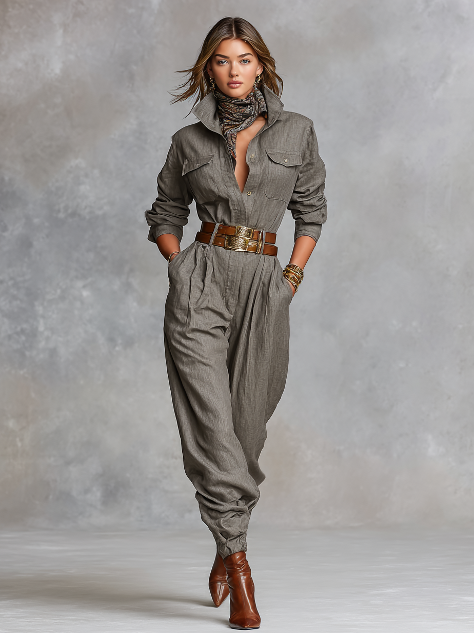 Combinaison Chemise à Manches Longues en Coton et Lin