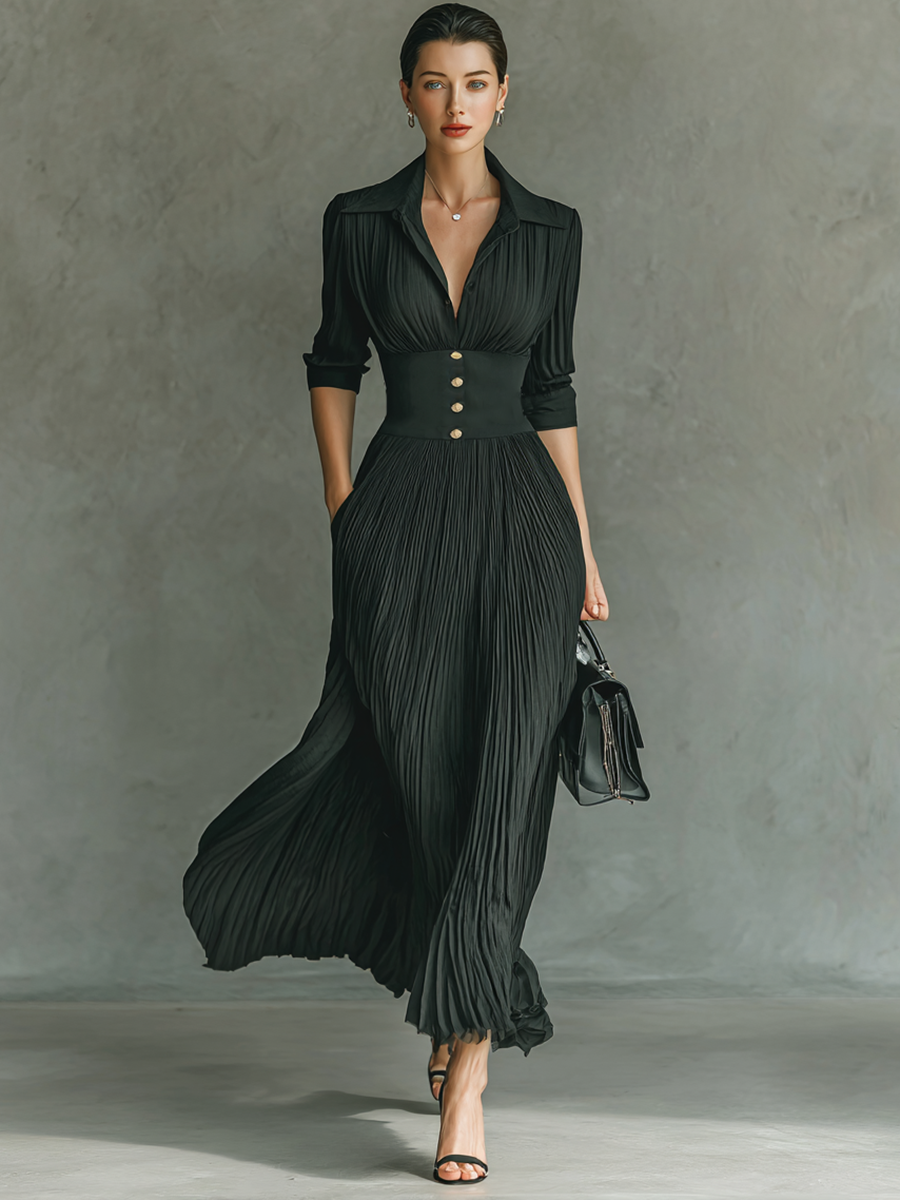 Robe Maxi Longue à Manches Longues et Col Revers avec Plis