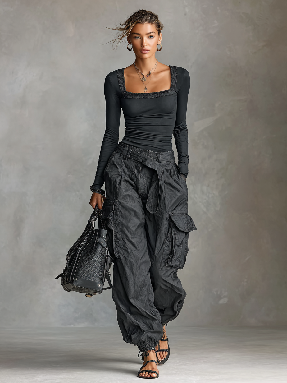 Ensemble de Deux Pièces T-Shirt à Manches Longues et Col Carré et Pantalon Cargo avec de Nombreuses Poches