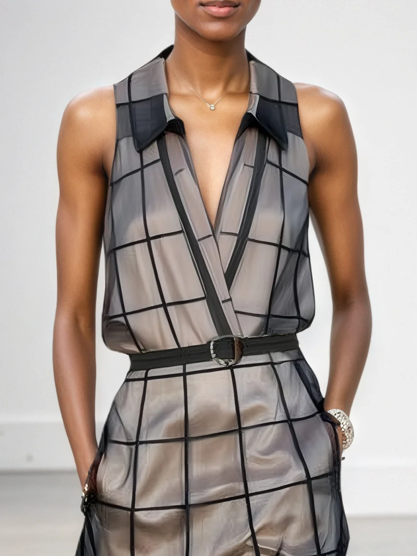 Robe Maxi Sans Manches en Tulle à Carreaux avec Col et Ceinture