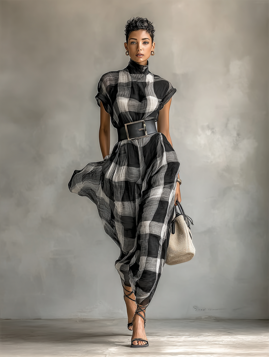 Robe Maxi en Chiffon à Carreaux avec Col Haut et Manches Courtes