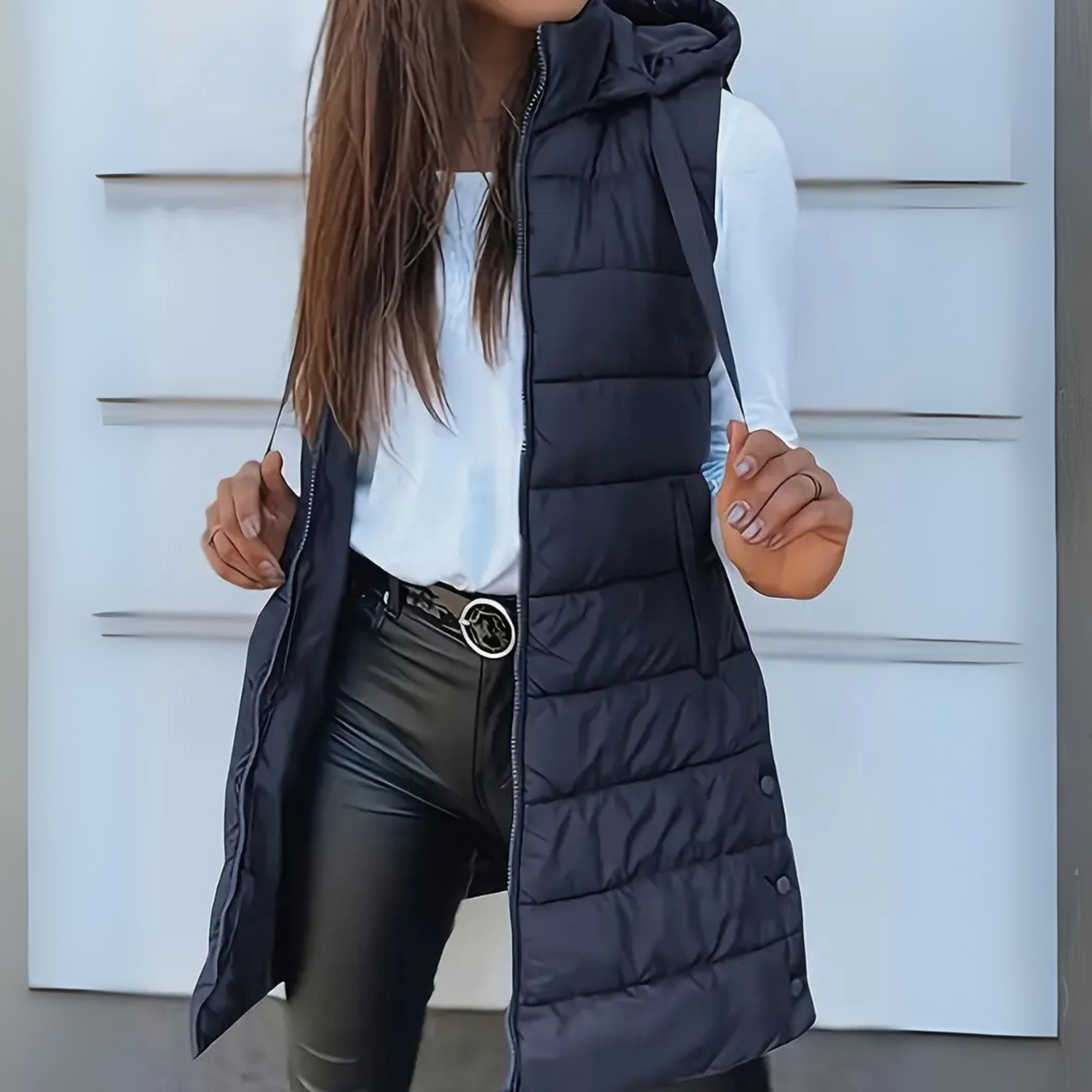 Gilet Long Puffer Sans Manches à Capuche
