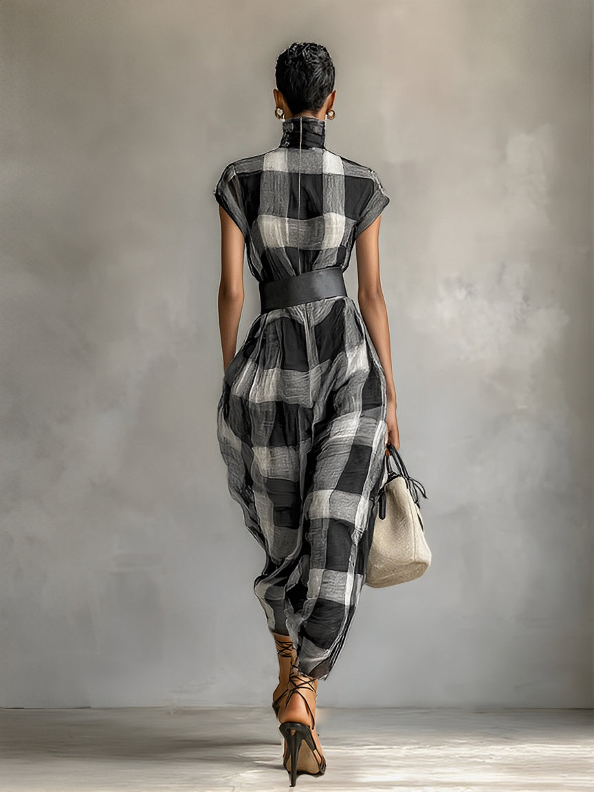 Robe Maxi en Chiffon à Carreaux avec Col Haut et Manches Courtes