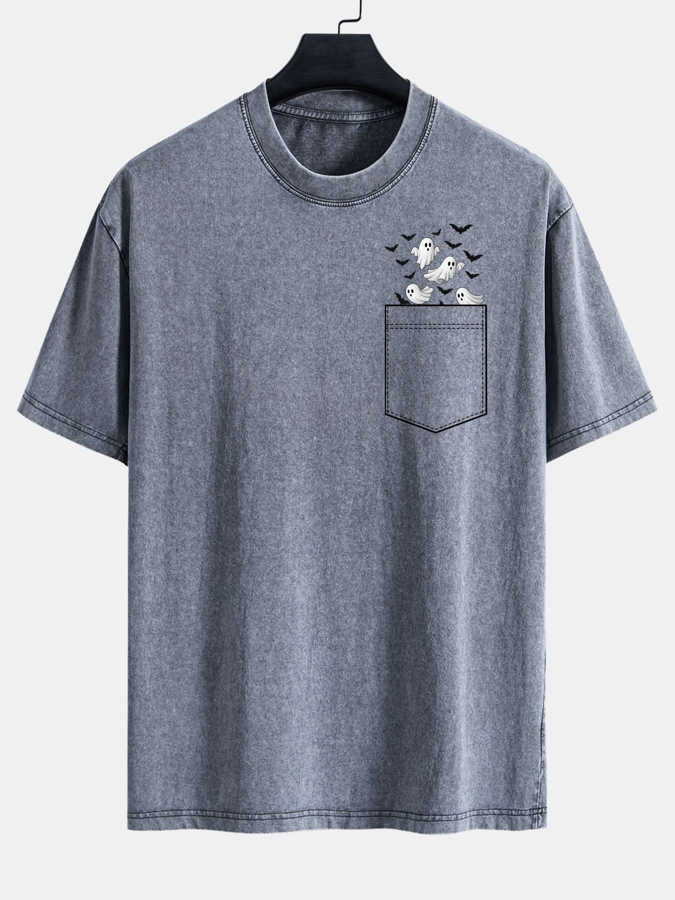 T-shirt à manches tombantes usé avec impression de fantôme chauve-souris de poche