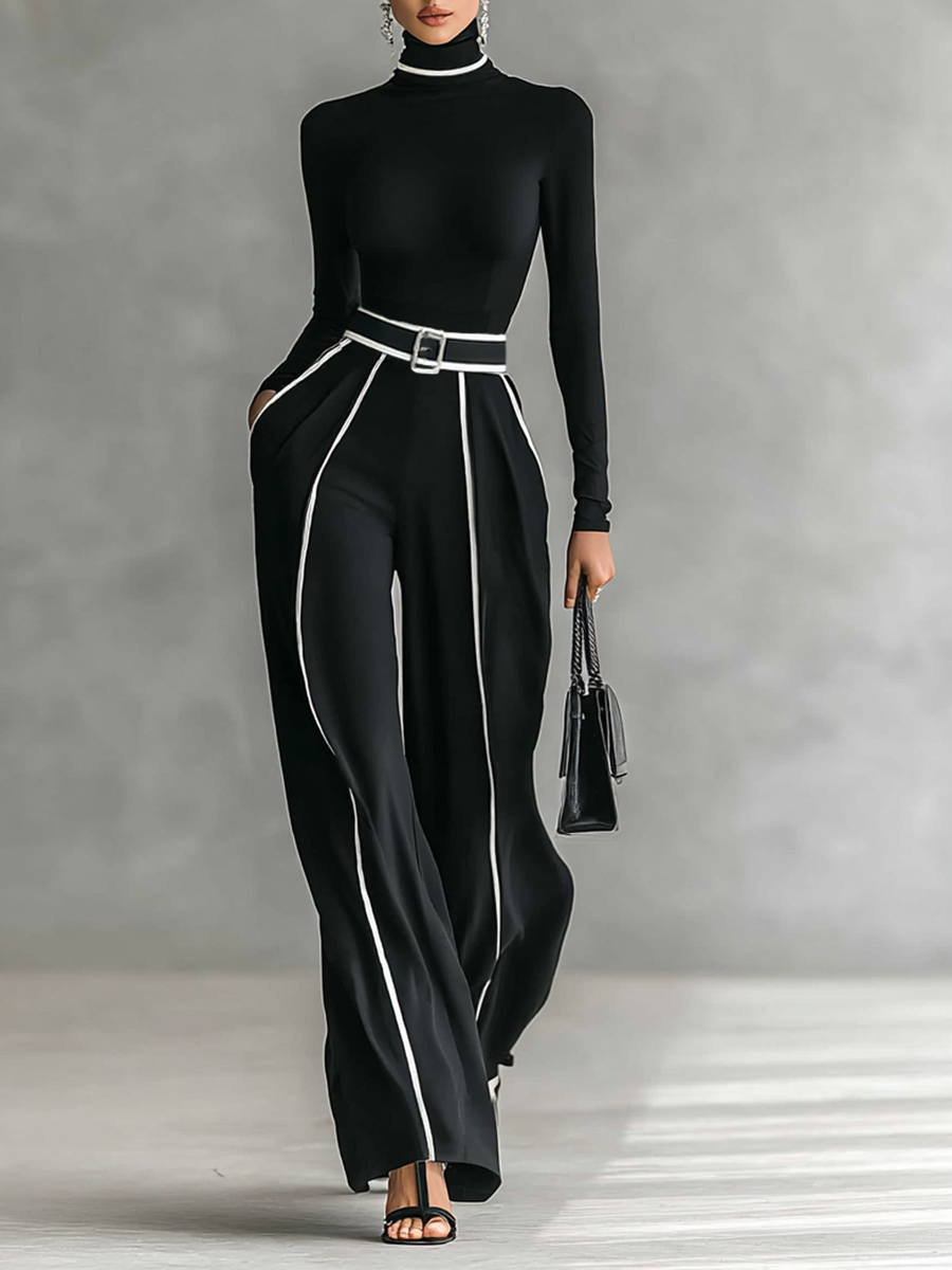 Ensemble femme deux pièces avec haut à col montant, manches longues, pantalon large et ceinture