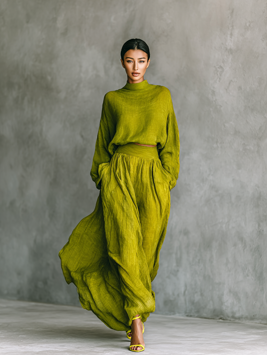 Ensemble pour femmes en vert en mélange de coton-lin