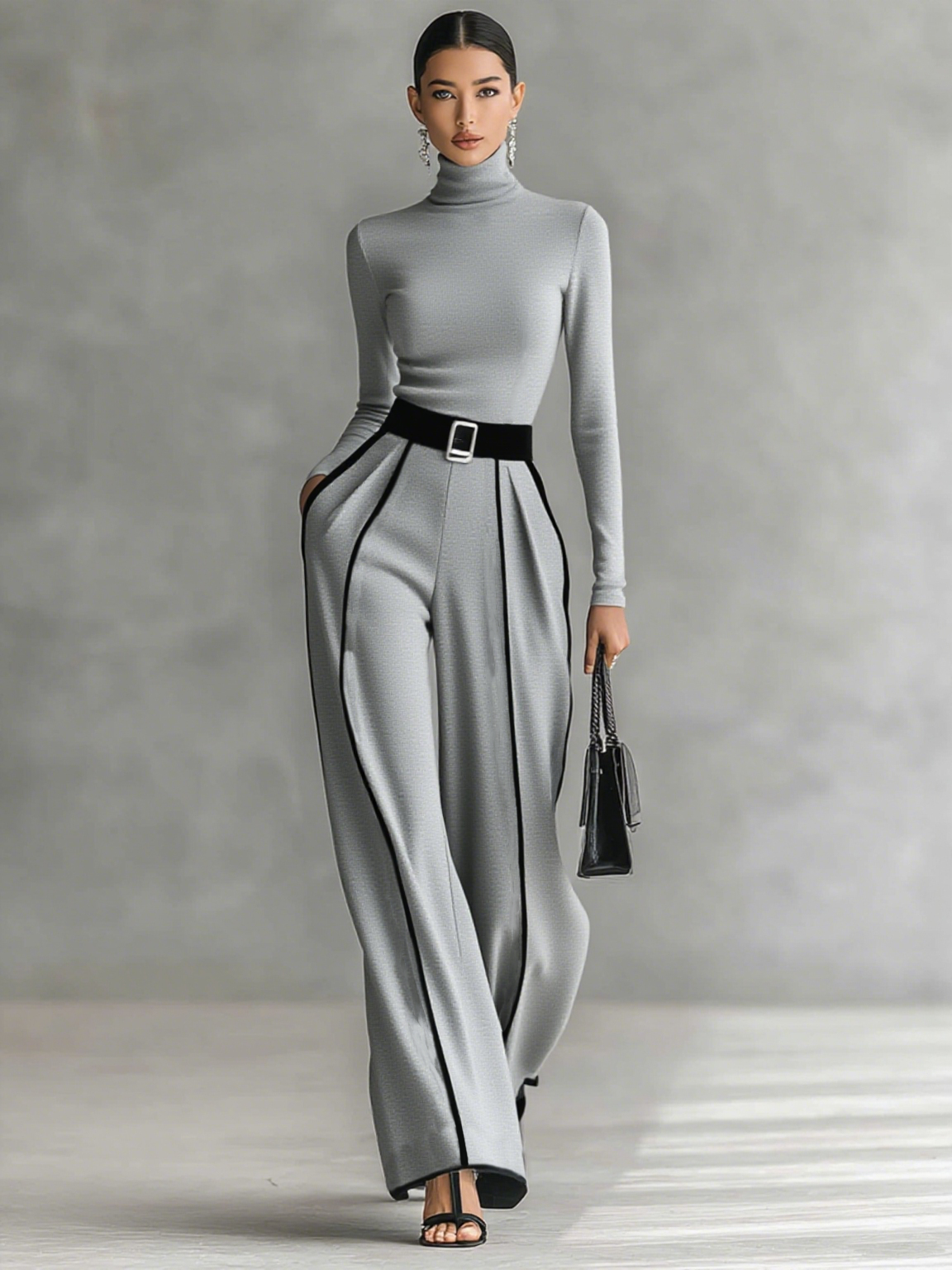 Ensemble femme deux pièces avec haut à col montant, manches longues, pantalon large et ceinture