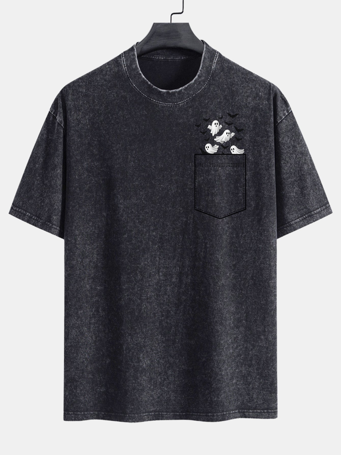 T-shirt à manches tombantes usé avec impression de fantôme chauve-souris de poche