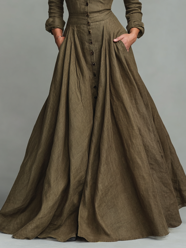 Robe Maxi Vintage en Coton et Lin pour Femmes avec Design de Chemise