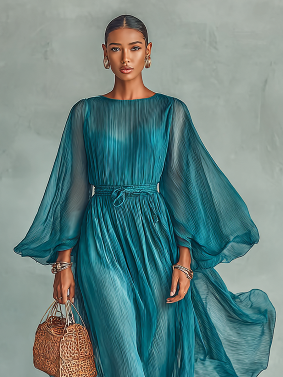 Robe Maxi en Chiffon avec Col Rond et Manches Longues pour Femmes, avec Taille Ajustable