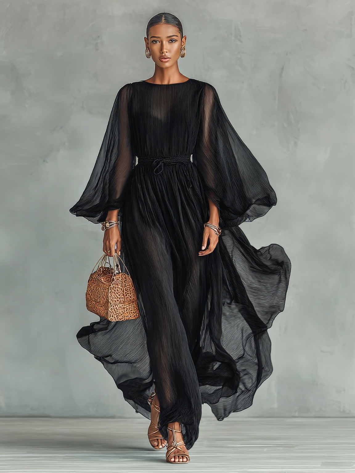 Robe Maxi en Chiffon avec Col Rond et Manches Longues pour Femmes, avec Taille Ajustable