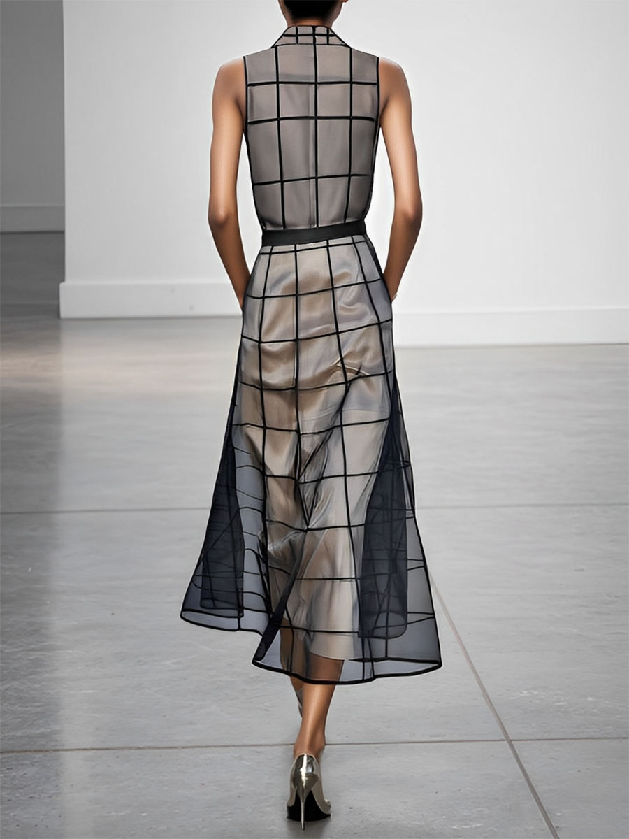 Robe Maxi Sans Manches en Tulle à Carreaux avec Col et Ceinture