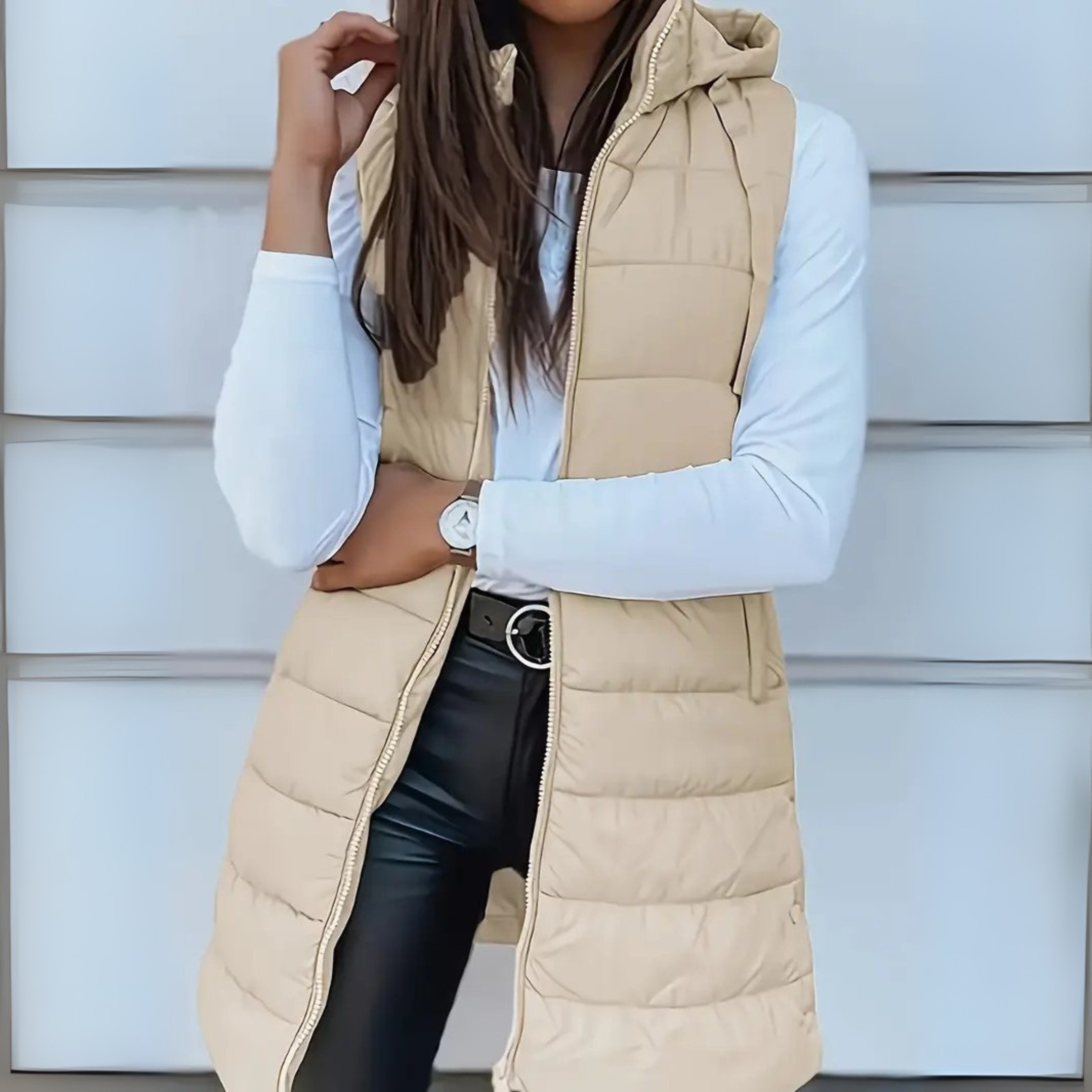 Gilet Long Puffer Sans Manches à Capuche