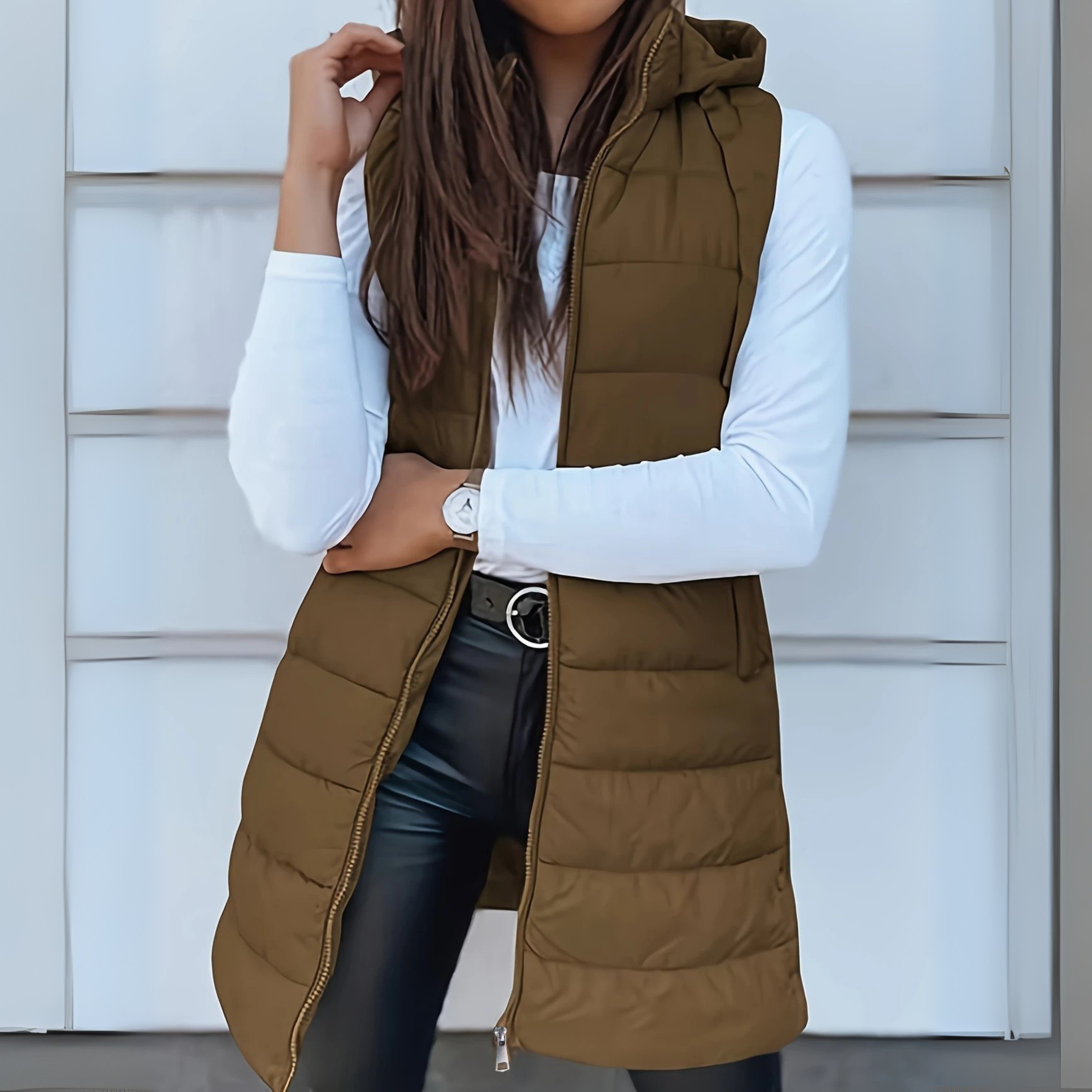 Gilet Long Puffer Sans Manches à Capuche