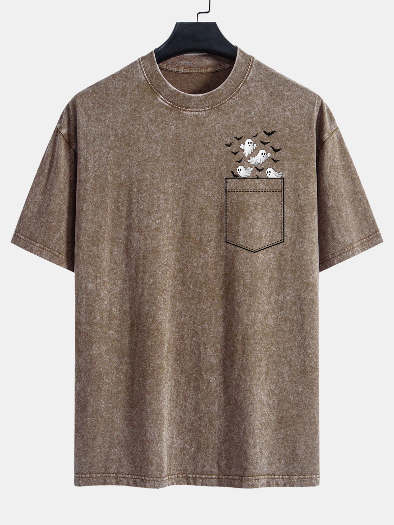 T-shirt à manches tombantes usé avec impression de fantôme chauve-souris de poche