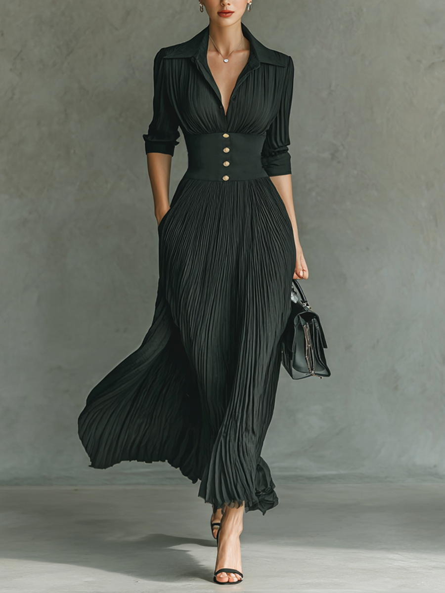 Robe Maxi Longue à Manches Longues et Col Revers avec Plis