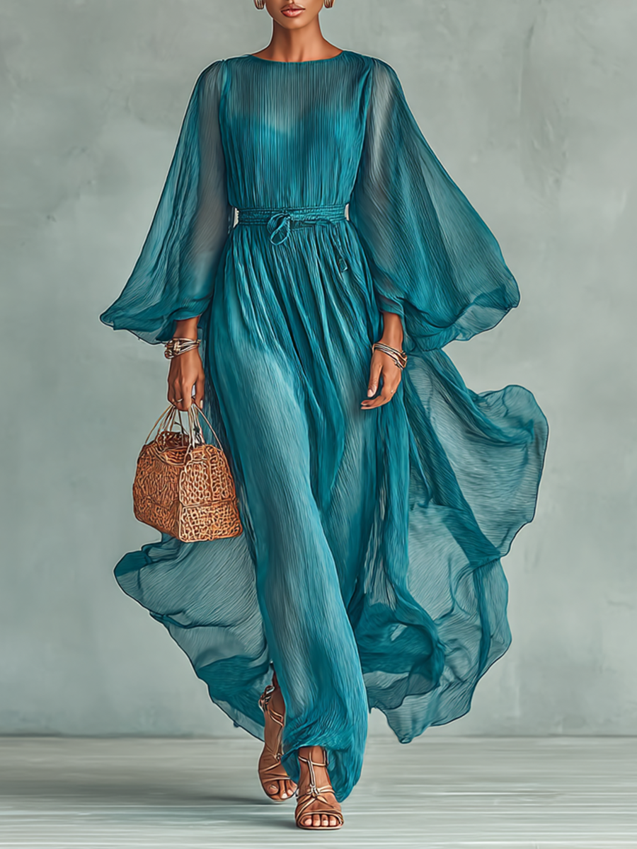 Robe Maxi en Chiffon avec Col Rond et Manches Longues pour Femmes, avec Taille Ajustable