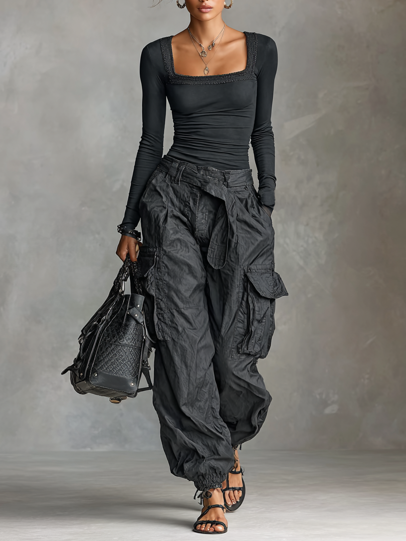 Ensemble de Deux Pièces T-Shirt à Manches Longues et Col Carré et Pantalon Cargo avec de Nombreuses Poches