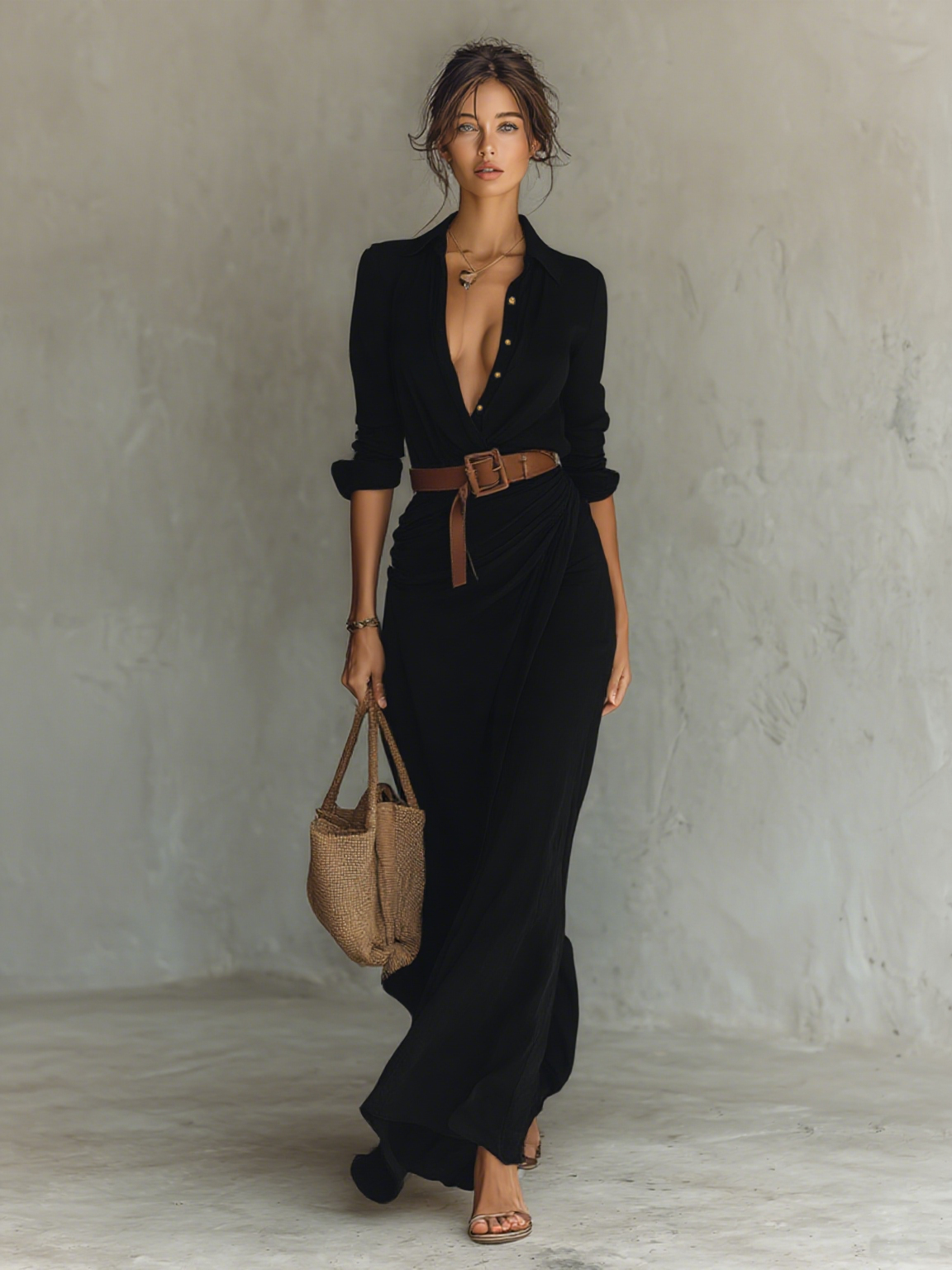 Robe Maxi Longue avec Col Revers Inclus Ceinture