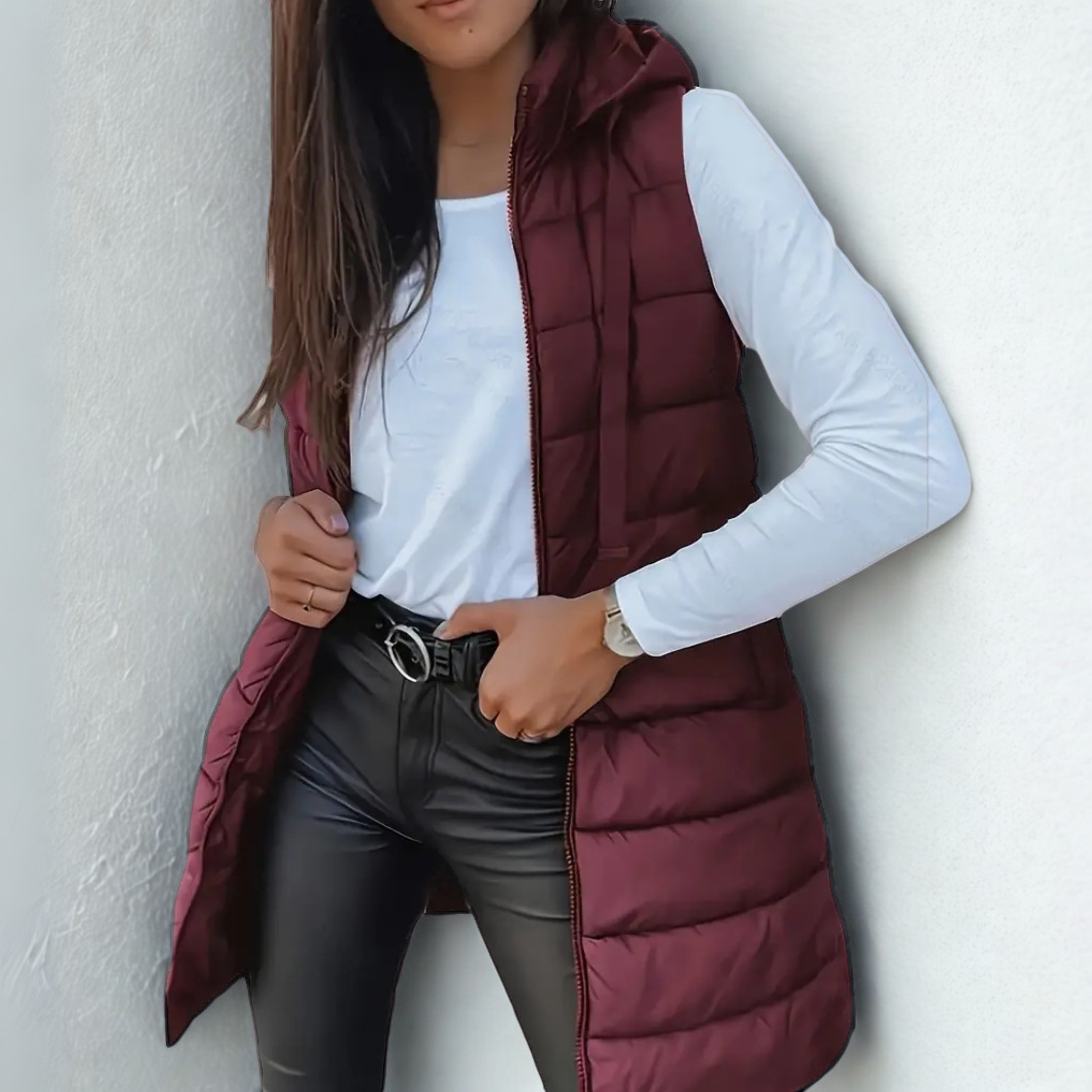 Gilet Long Puffer Sans Manches à Capuche