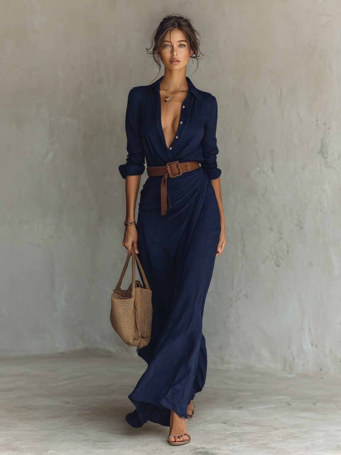 Robe Maxi Longue avec Col Revers Inclus Ceinture